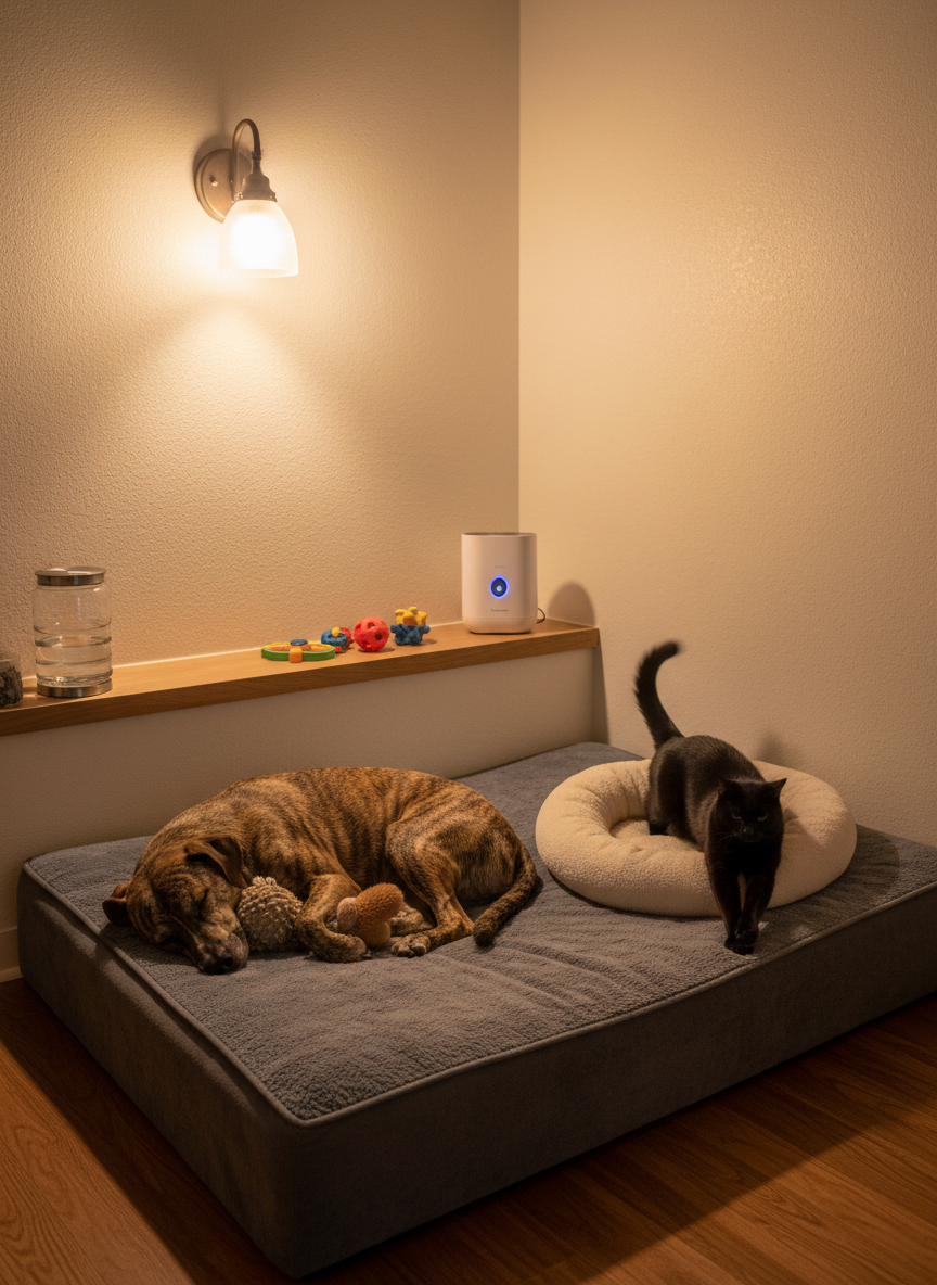 A cozy nighttime boarding suite for pets, featuring a spacious, raised orthopedic dog bed with a soft charcoal-gray cover and a smaller, circular plush cat bed nearby. A relaxed brindle dog lies curled up with a chew-safe plush toy, while a sleek black cat stretches comfortably on the smaller bed. Warm, dimmable wall sconces cast a gentle amber glow, creating soft, enveloping shadows. A white noise machine and a few enrichment toys are visible on a low shelf. Photographic realism, shot from a corner at a slightly elevated angle, emphasizes security, comfort, and attentive overnight care in a boutique pet boarding environment.