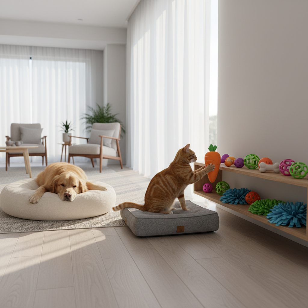 A calm golden retriever and a curious tabby cat rest comfortably on adjacent plush dog beds in a bright, modern living room designed as a pet boarding space. A low wooden toy shelf displays puzzle feeders, treat-dispensing balls, and snuffle mats arranged neatly. Large windows with sheer white curtains let in diffused mid-morning light that casts gentle, soft-edged shadows. The scene is captured in photographic realism from a slightly elevated angle with a sharp foreground and subtly blurred background, conveying a warm, safe, and enrichment-focused environment for overnight care without any visible humans.