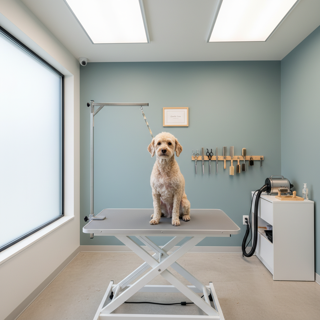 A small, clean grooming studio interior featuring a single hydraulic grooming table with a non-slip gray mat and a relaxed, freshly washed poodle mix sitting calmly on top, coat slightly wavy and towel-dried. Stainless steel grooming tools are organized on a minimalist wall rack, and a quiet dryer and natural-bristle brushes rest nearby. Soft studio lighting from overhead panels and a large frosted window creates even, shadow-free illumination, emphasizing a stress-free, one-on-one setting. Photographic realism at eye level with a centered composition highlights the dog’s serene expression and the tidy, professional workspace, reinforcing gentle, individualized grooming care.